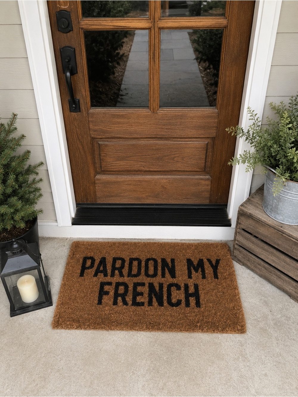 Creative Co-Op Brown Coir Doormat with Black 'PARDON MY FRENCH' Text